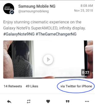 سامسونج تروّج لهاتف النوت 9 على تويتر .. من هاتف آيفون 1