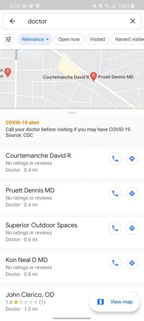 خرائط جوجل تعرض رسالة تحذير عن كورونا عند البحث عن مساعدة طبية 9