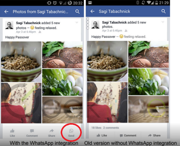 فيس بوك تختبر أيقونة لمشاركة الصور والاخبار مع تطبيق واتس آب 10