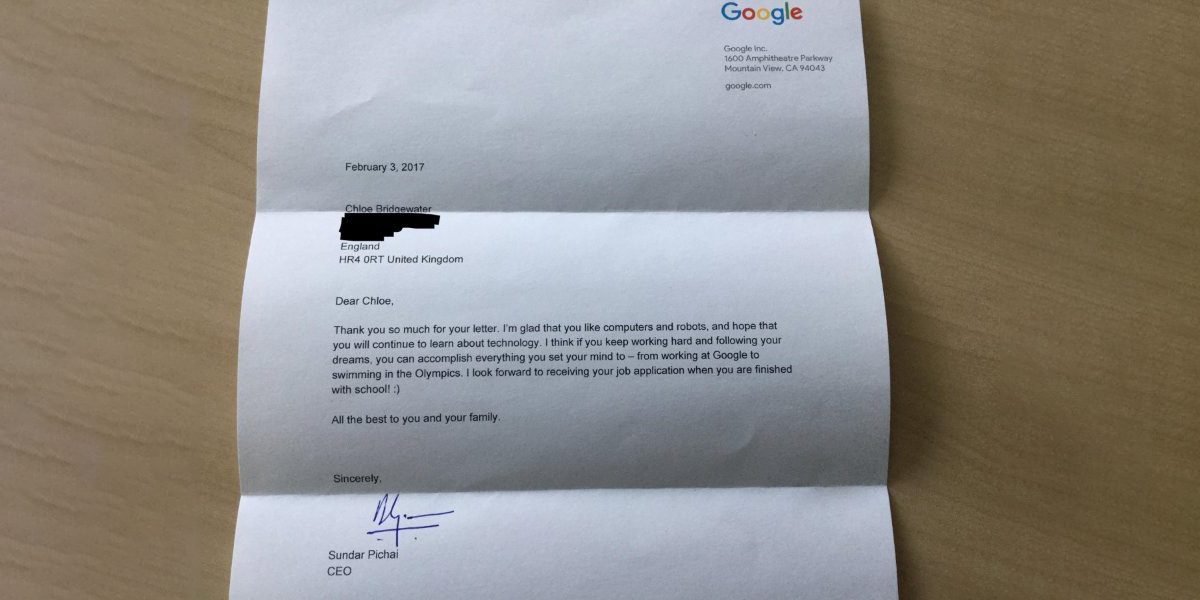 رئيس جوجل التنفيذي يرد على خطاب طفلة عمرها 7 سنوات تتطلّع للعمل في جوجل 1