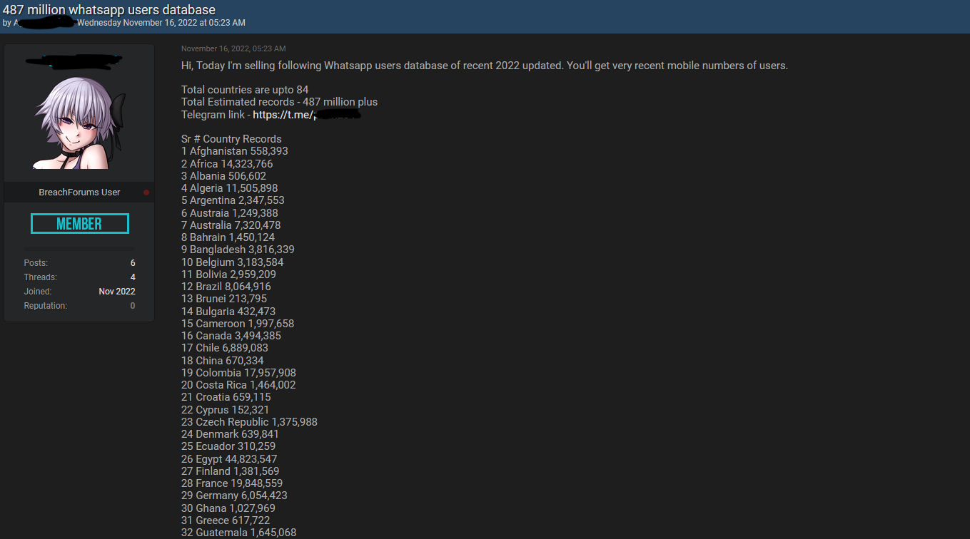 WhatsApp - منتدى للقراصنة يعلن عن بيع أرقام هواتف 487 مليون مستخدم 1