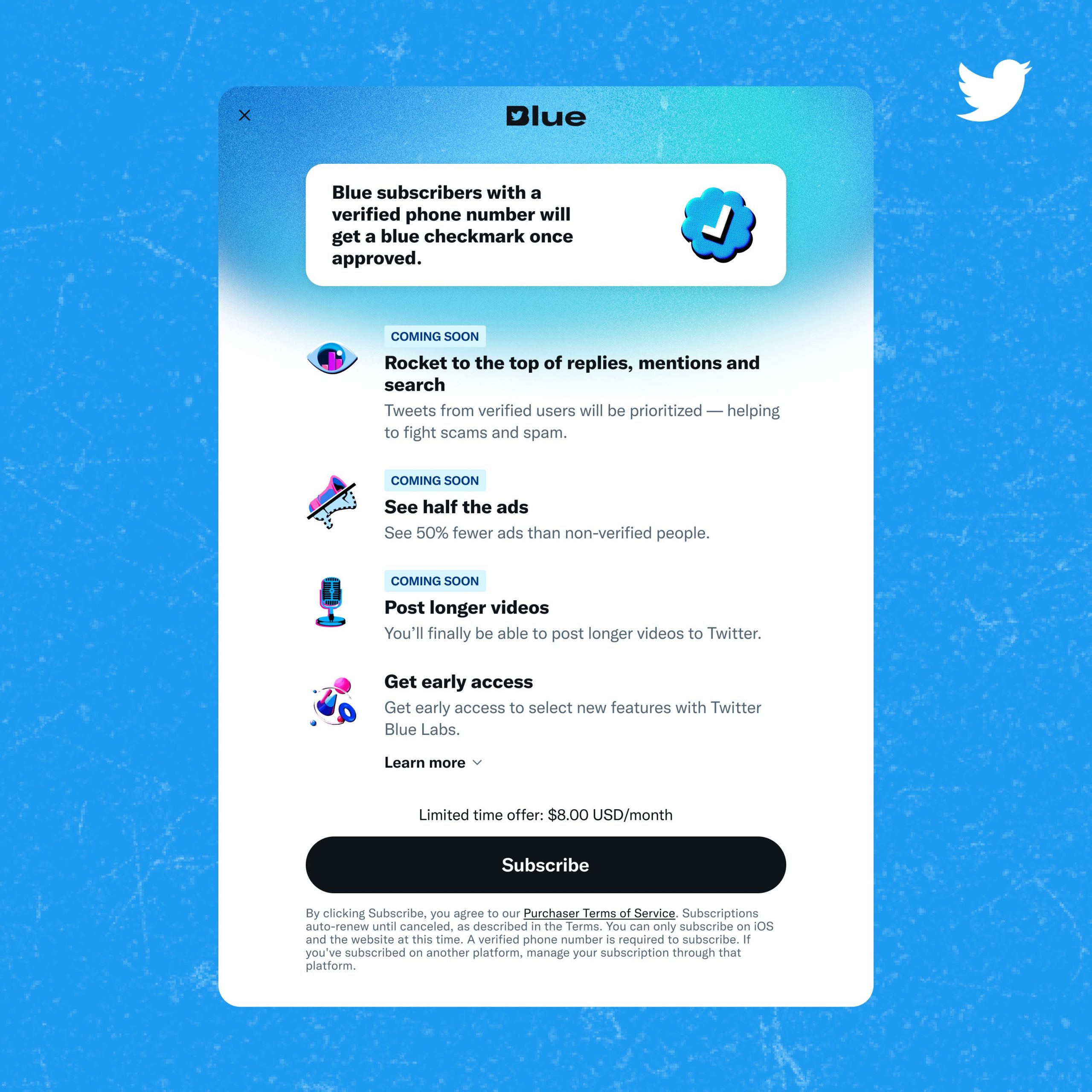تويتر تعيد طرح خدمة Twitter Blue وترفع الحد الاقصى للتغريدة الى 4000 حرف 3