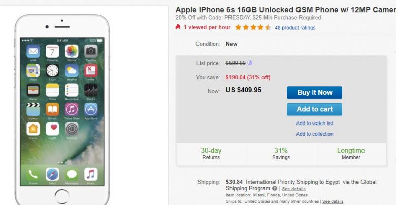 وفّر 190 دولار ايفون 6 اس 16 جيجا فضي متاح الان على Ebay بسعر 410 دولار
